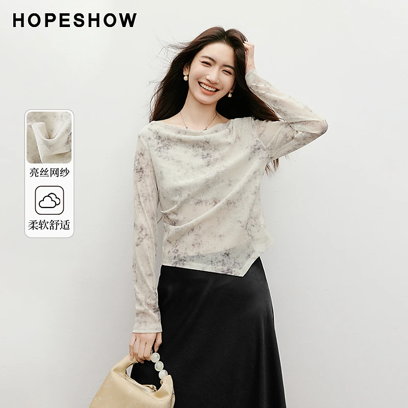 红袖2025早秋新款女装 【烟雨水墨】荡领套头网纱上衣90225090205