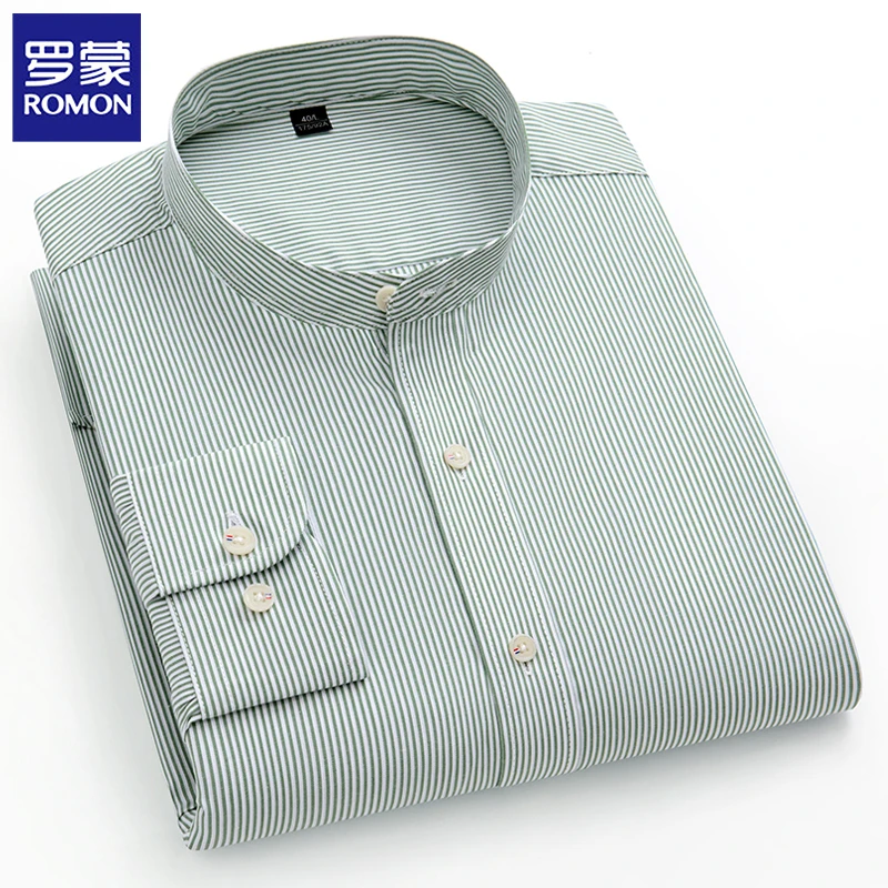 罗蒙高档纯棉条纹长袖衬衣春秋男士休闲男立领中青年商务正装衬衫