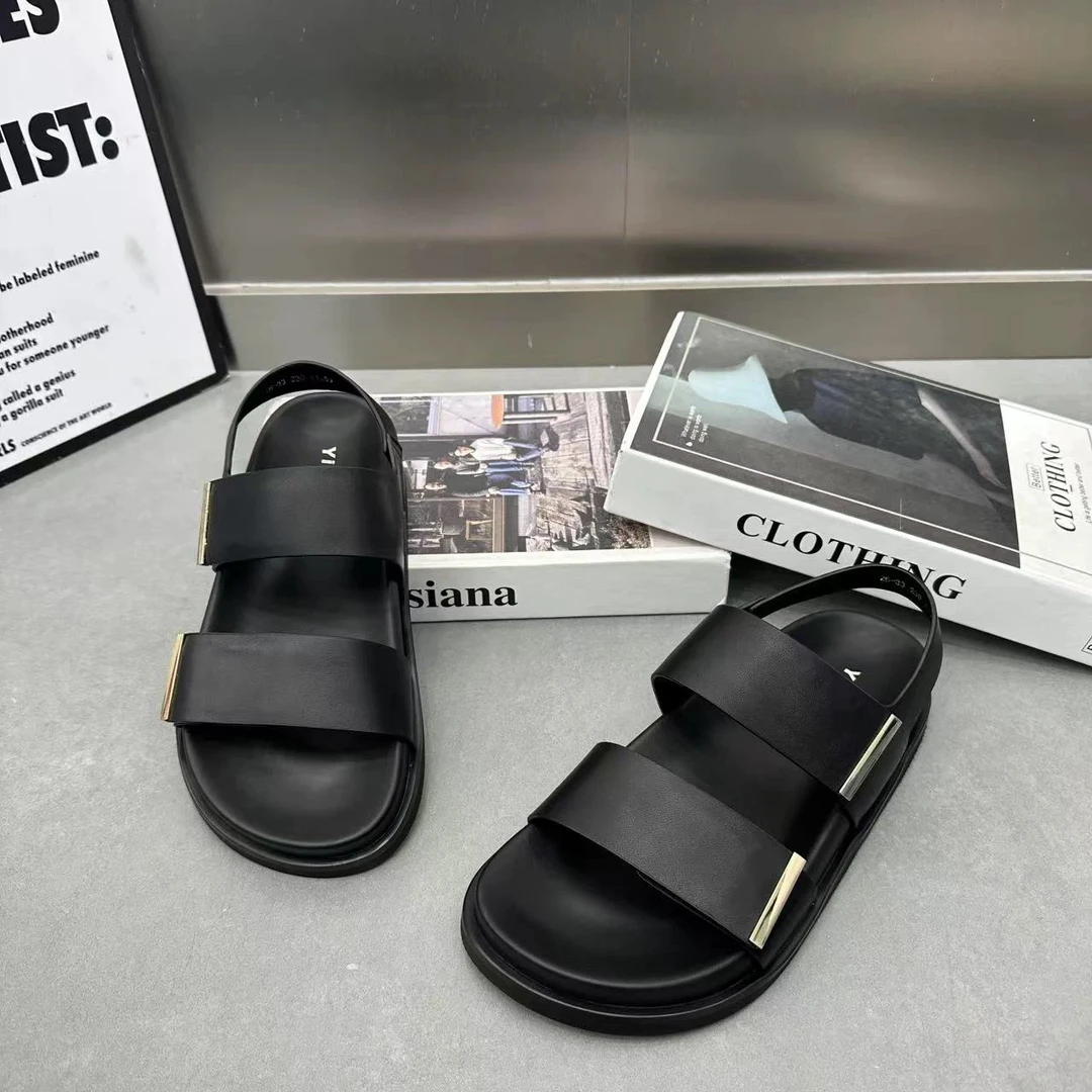 真皮罗马鞋纯色露趾浅口罗马上班凉鞋夏季凉鞋韩版平底厚底女款