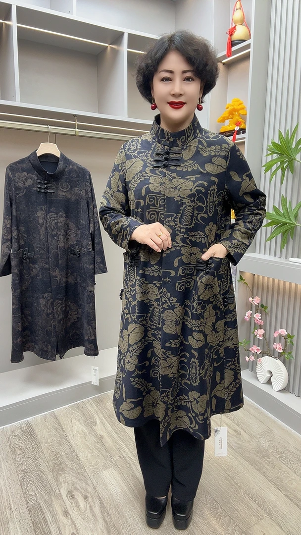 XL#1818新中式时尚复古立领印花风衣，衣长108