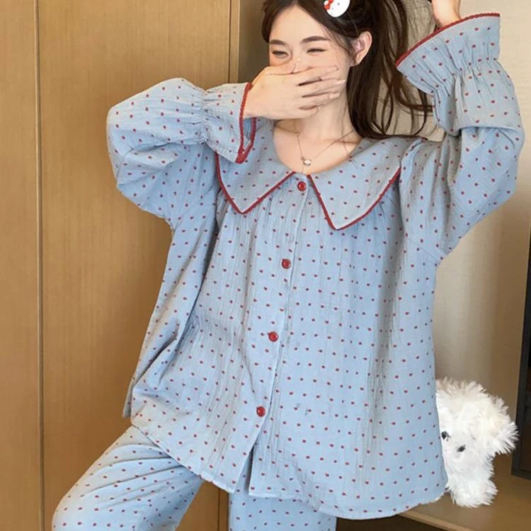 娃娃领开衫休闲秋季长袖长裤睡衣韩版套装女士家居服可外穿3369