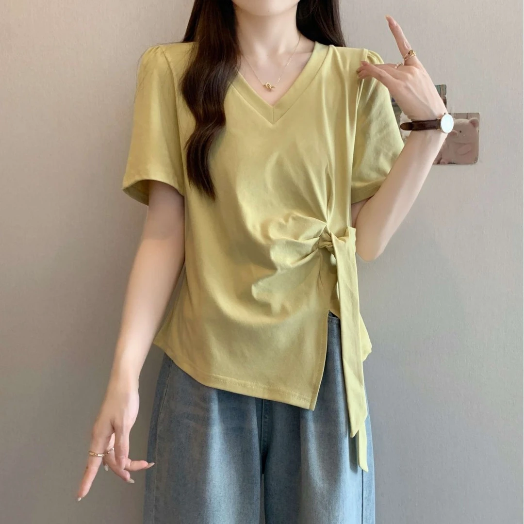棉大码不规则v领正肩短袖女t恤夏季胖mm遮肚子显瘦绑带开叉上衣潮
