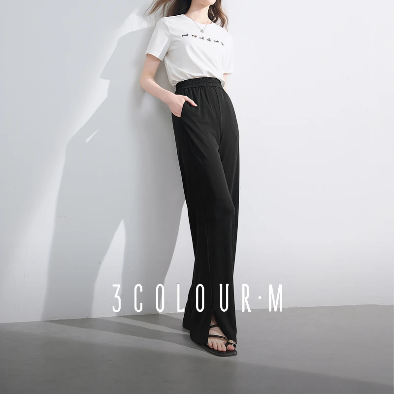 三彩2025夏季新款凉感休闲裤松紧腰直筒裤薄款开叉长裤小黑裤女M