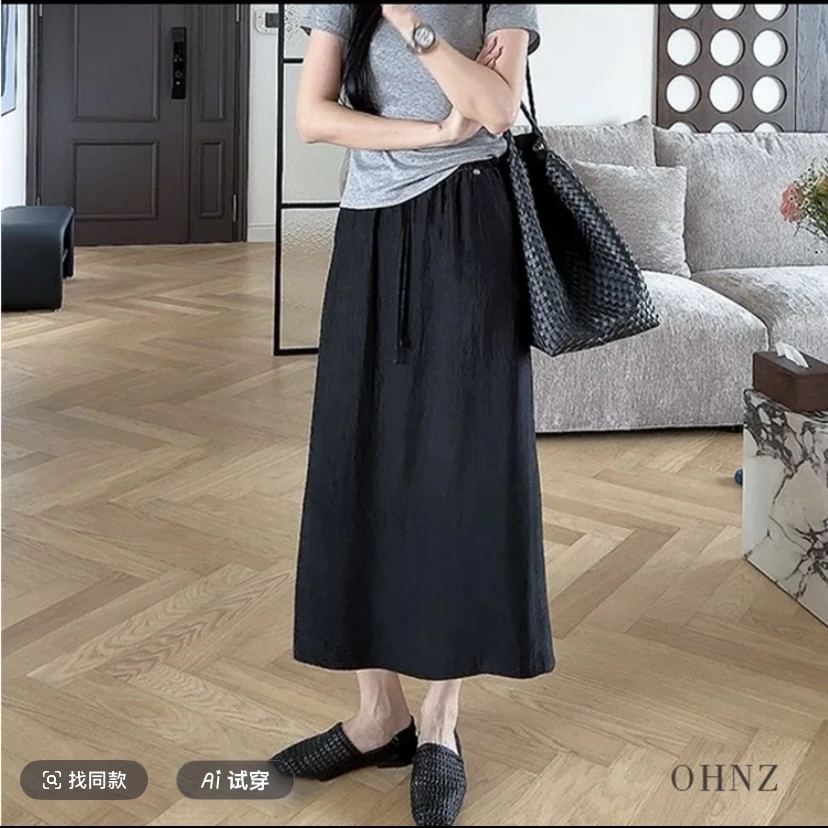 醋酸裙 极简肌理感碎纹松紧腰半身裙直筒长裙