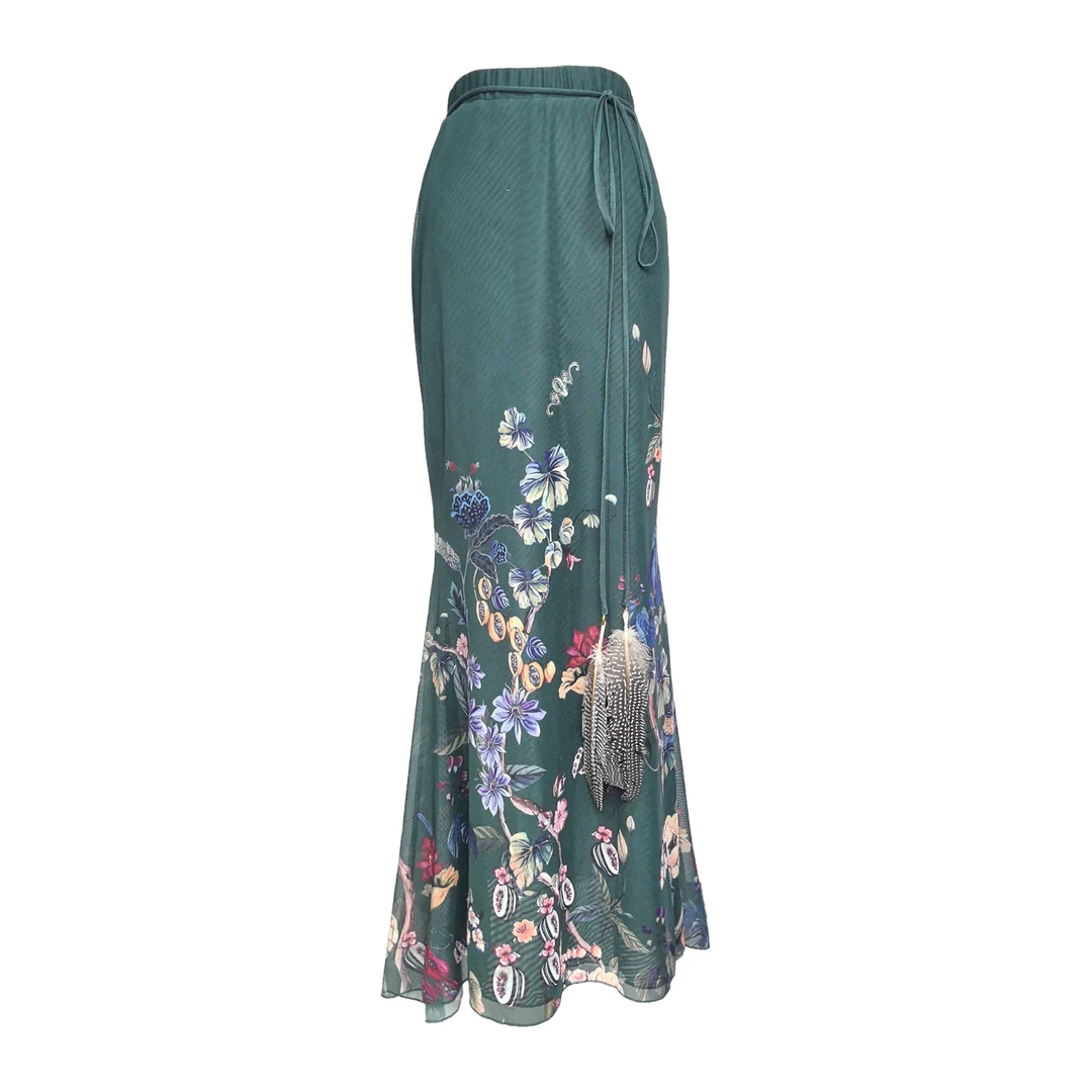 原创设计网纱定位印花半身裙新中式羽毛工艺修身鱼尾长裙子中国风