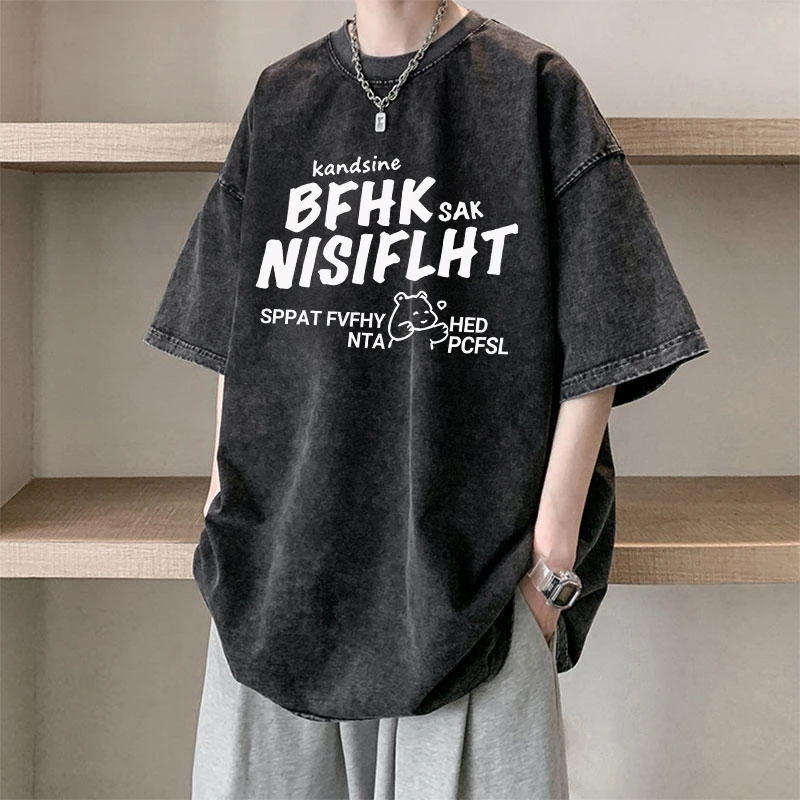 美式棕潮牌做旧重磅纯棉短袖t恤男生夏季青少年大码宽松水洗上衣