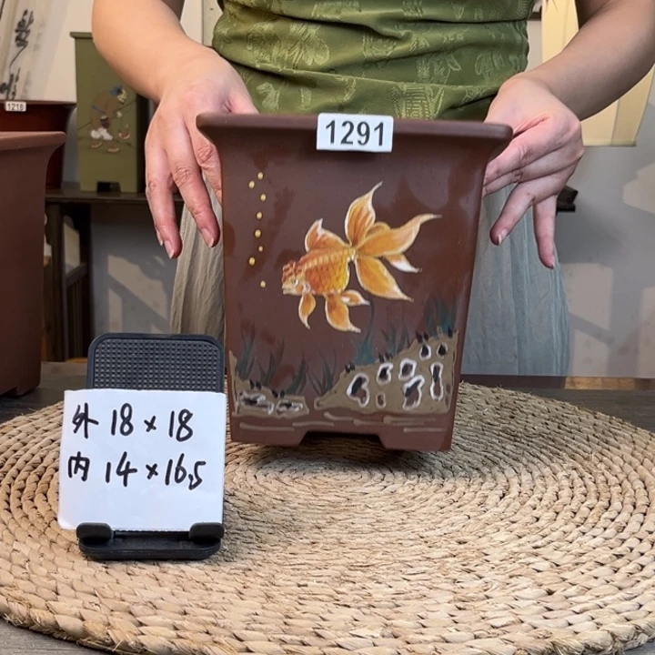 紫砂花盆  放漏新品紫泥彩绘金鱼四方1291