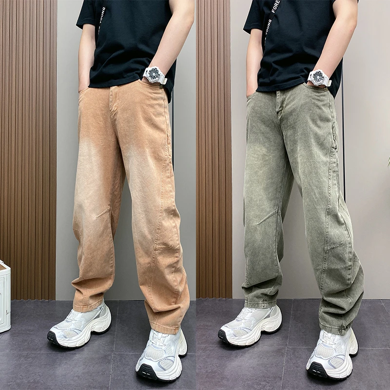 2025春夏美式痞帅牛仔裤宽松男士潮流弯刀裤休闲水洗复古工装裤男