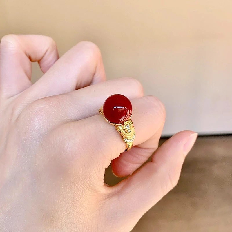 铜合金戒指 轻奢金色花丝珊瑚红圆珠戒指女新中式高级感指环百搭