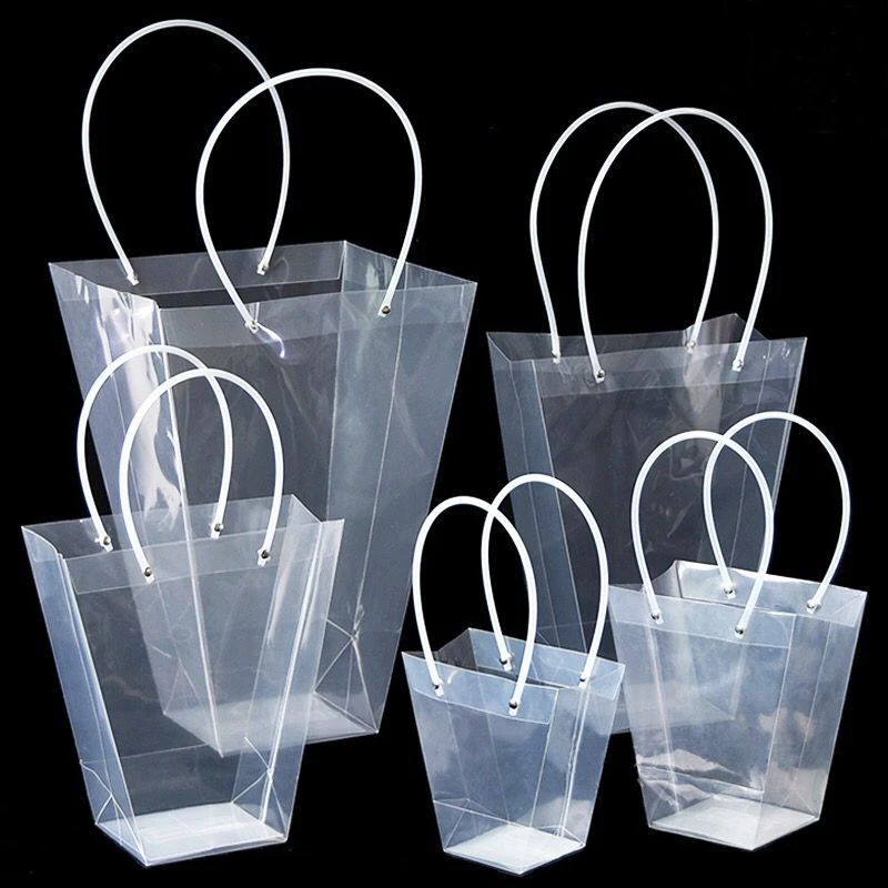 梯形PVC透明鲜花袋塑料手提袋花束礼品盆栽多肉摆摊包装梯形拎袋