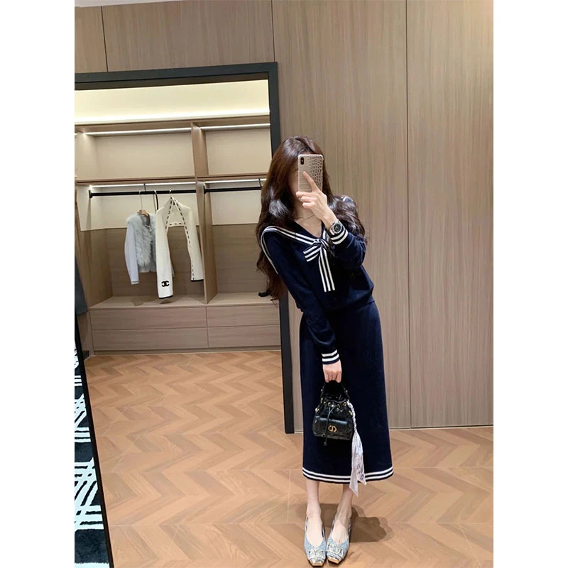 秋季时尚设计感学院风修身显瘦时尚上衣气质收腰a字半身裙套装女