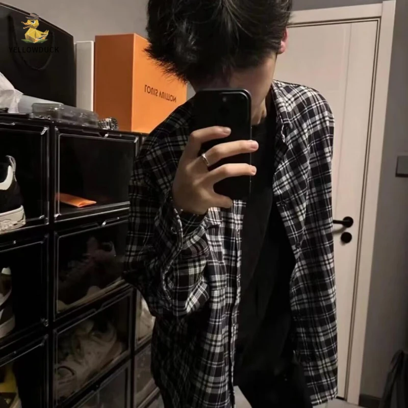 美式复古格子衬衫男春秋款格子衫高级感长袖衬衣爆款日系秋季外套