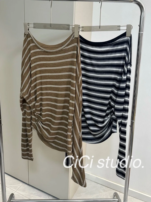 CiCi 早秋新款 条纹斜肩卡腰 天丝羊毛针织衫