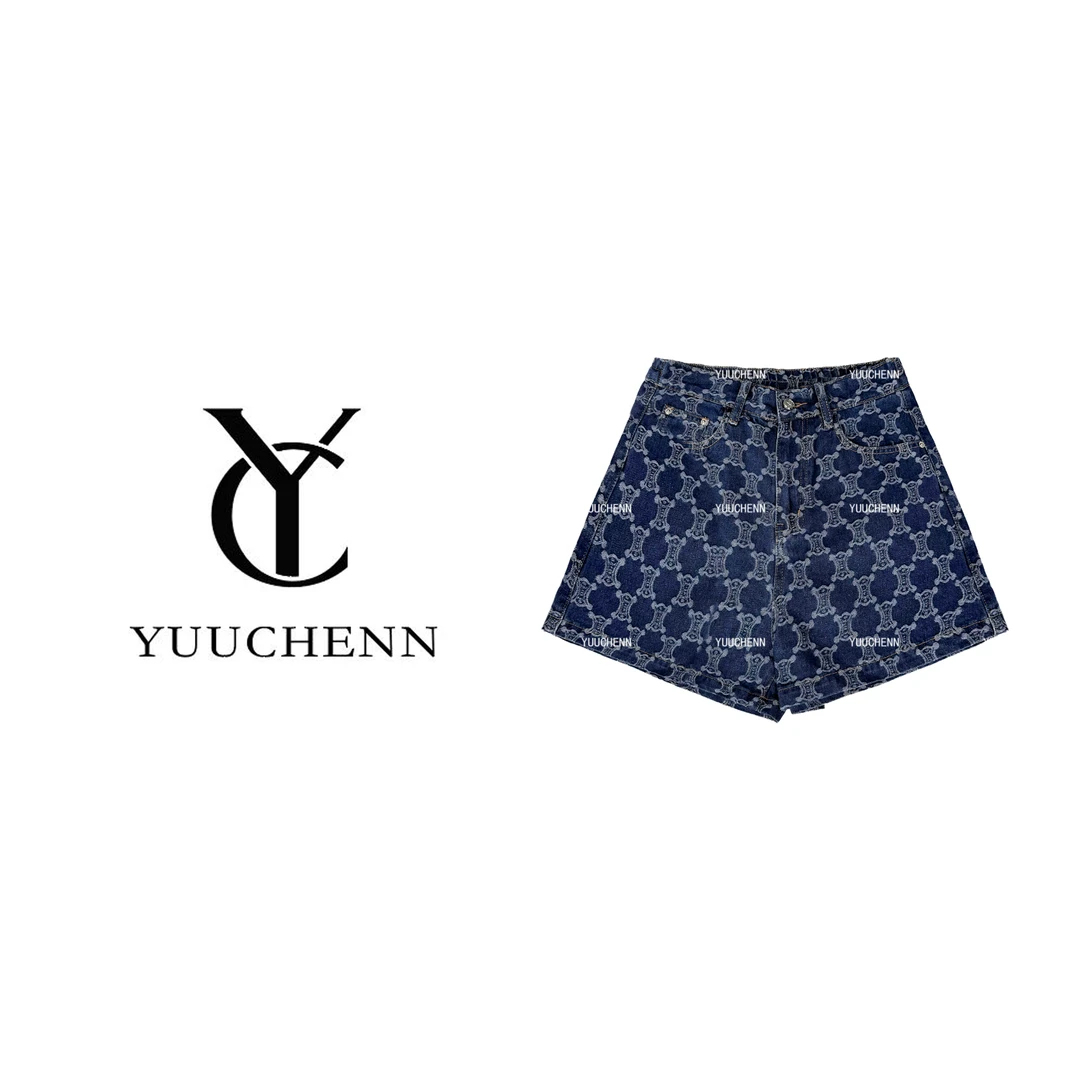 YUUCHENN夏季简约时尚立体刺绣收腰休闲牛仔短裤W61299