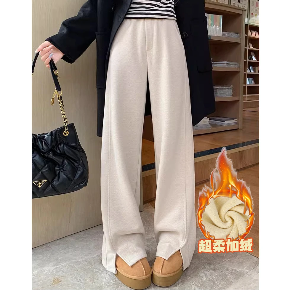 加绒加厚开叉休闲阔腿裤女2024冬季新款时尚人字纹保暖显瘦直筒裤