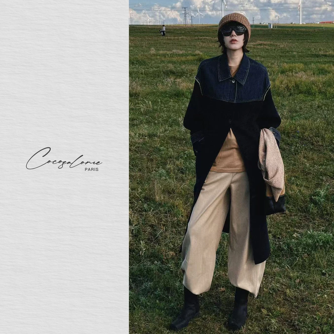 韩彬彬"奥黛丽"北纬牧场羊毛×棉靛蓝拼接通勤长款牛仔大衣2346-1