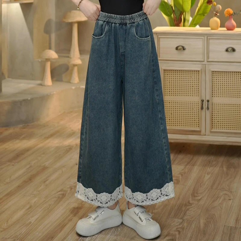 3833 蕾丝花边拼接牛仔裤女春款设计感裤子宽松显瘦直筒裤