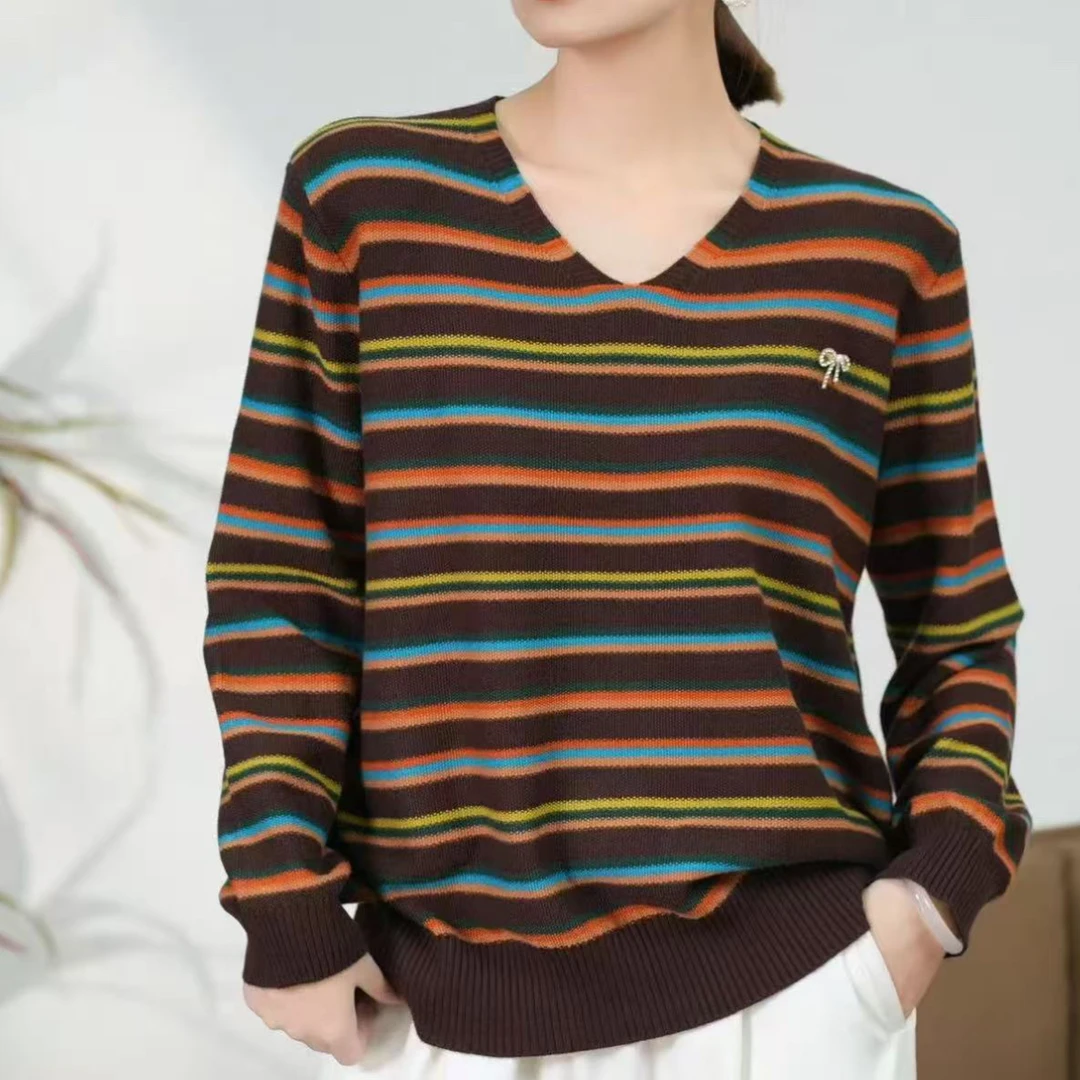 彩条纹毛衣大码针织衫V领套头长袖休闲百搭时尚女装女士显瘦