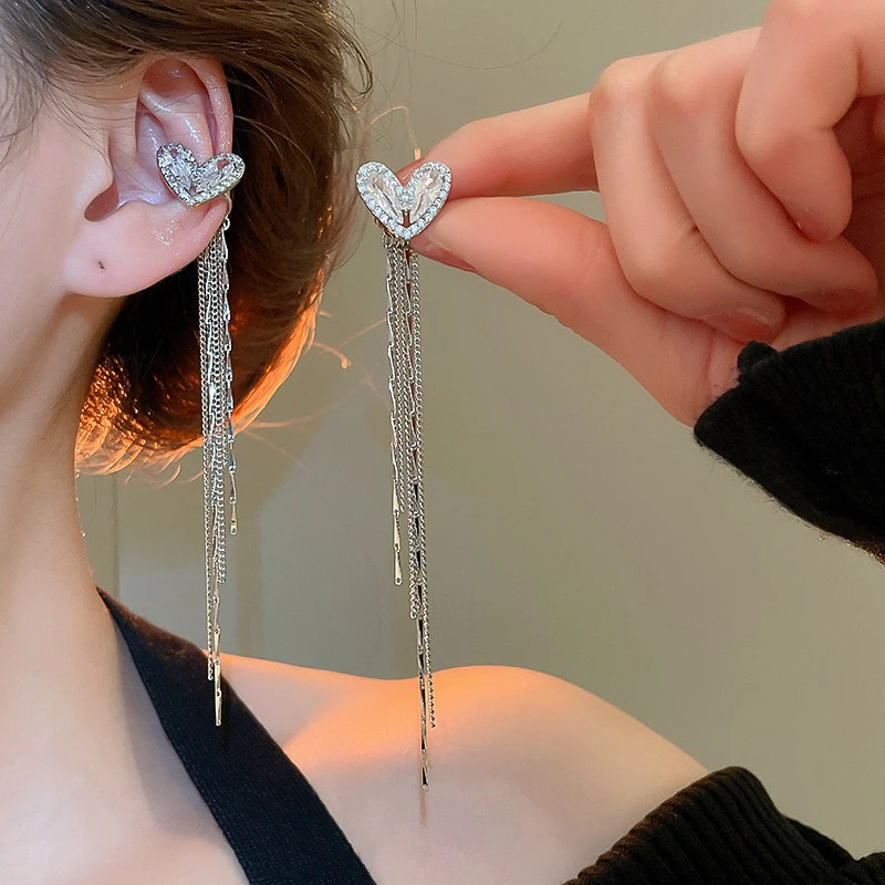 铜合金耳饰 精品/锆石爱心流苏耳夹无耳洞耳骨夹个性冷淡风百搭女