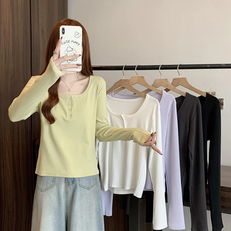 2025春装新款胖mm大码女百搭修身短款长袖打底T恤上衣