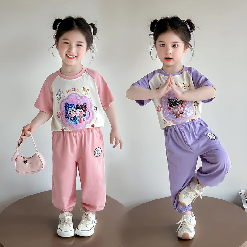 女童短袖套装2025新款儿童洋气亮片变色短袖休闲裤两件套夏装套装