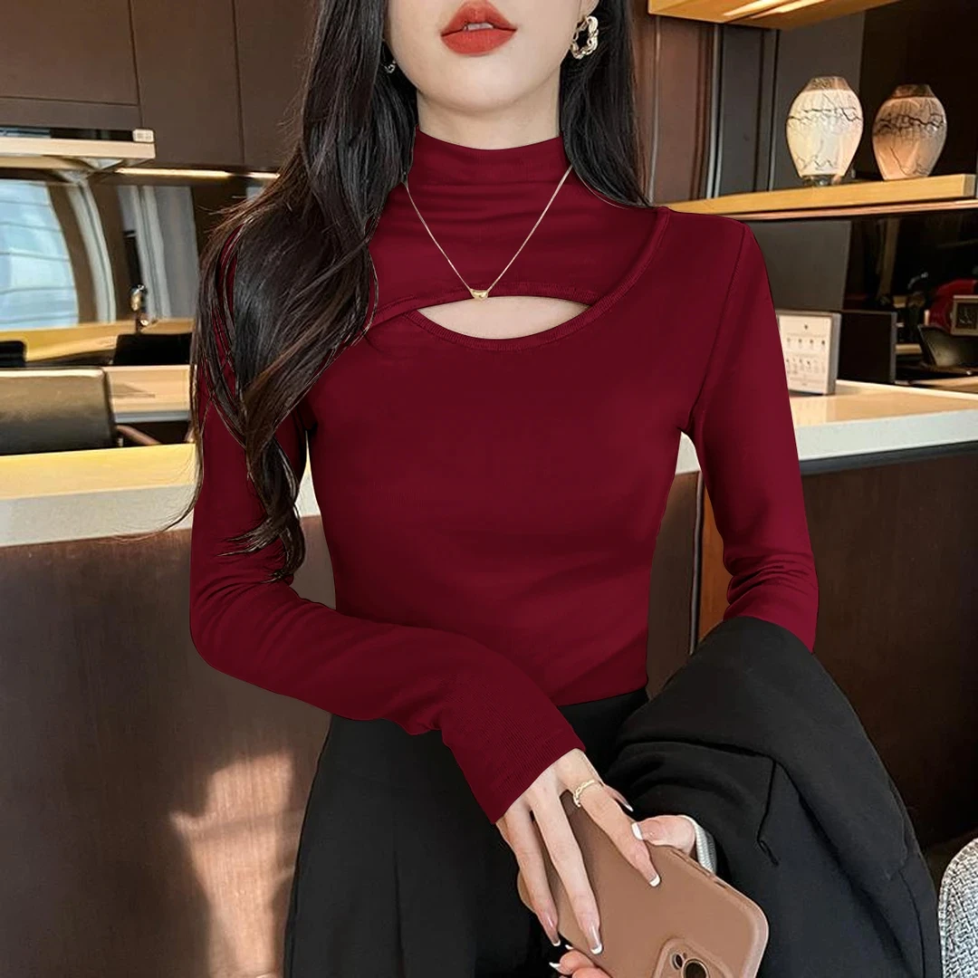 2025半高领打底衫女内搭长袖2025新款高级感秋冬黑色洋气镂空t恤