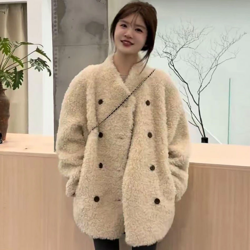 温柔系宽松双排扣毛绒保暖外套女2025秋冬款时尚休闲百搭毛毛上衣