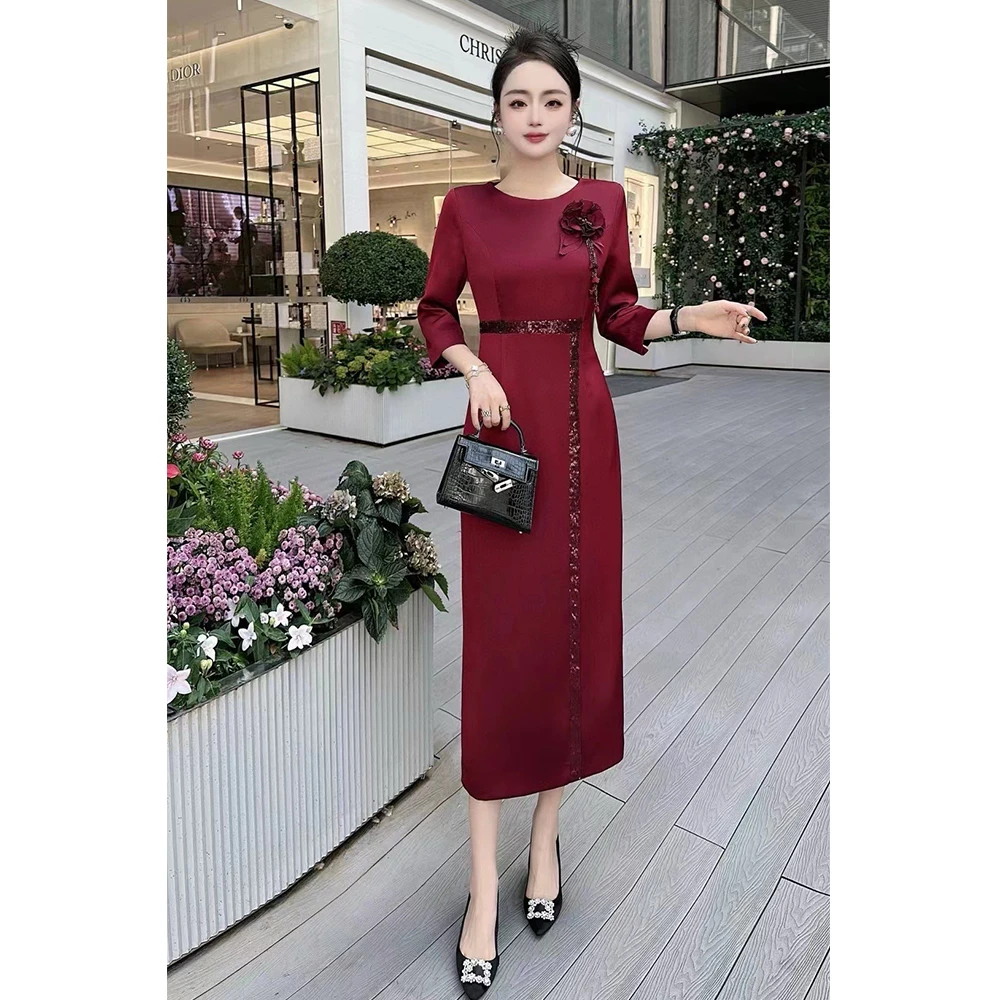 欧美法式女装重工珠片配花朵婚礼喜婆婆宴会连衣裙夏优雅礼服长裙