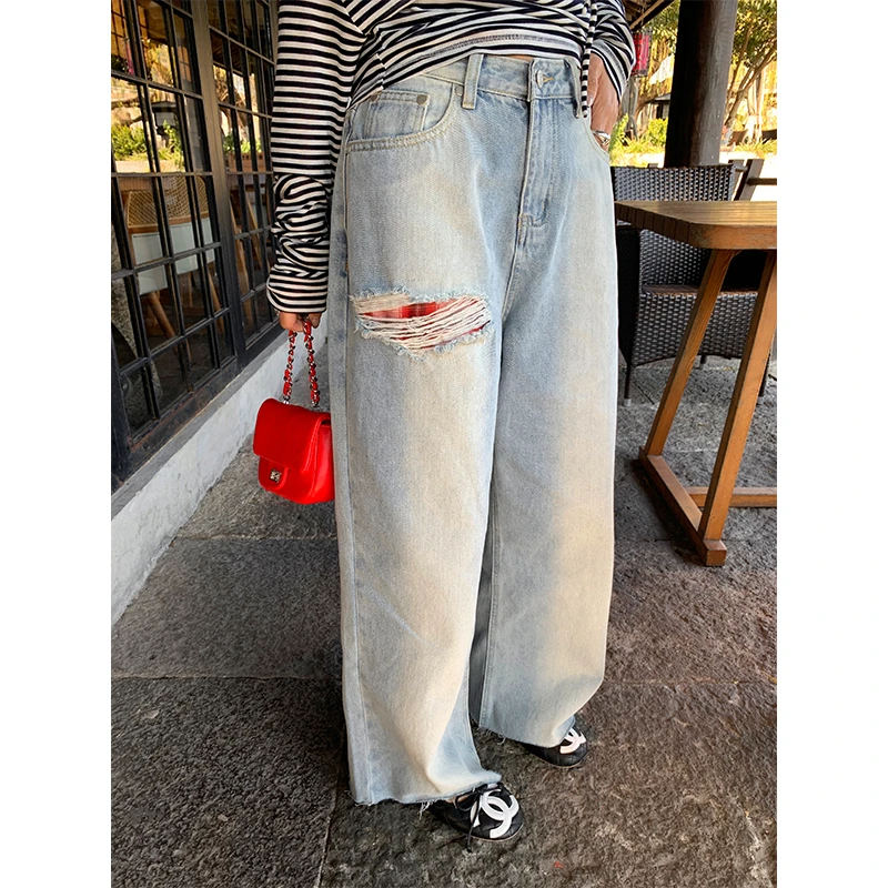 落落狷介 阔腿牛仔裤女2025新款小个子毛边高腰破洞裤设计感春装