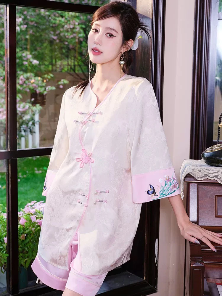 原创新中式刺绣带胸垫睡衣短袖套装仿真丝冰丝缎面两件套家居服夏