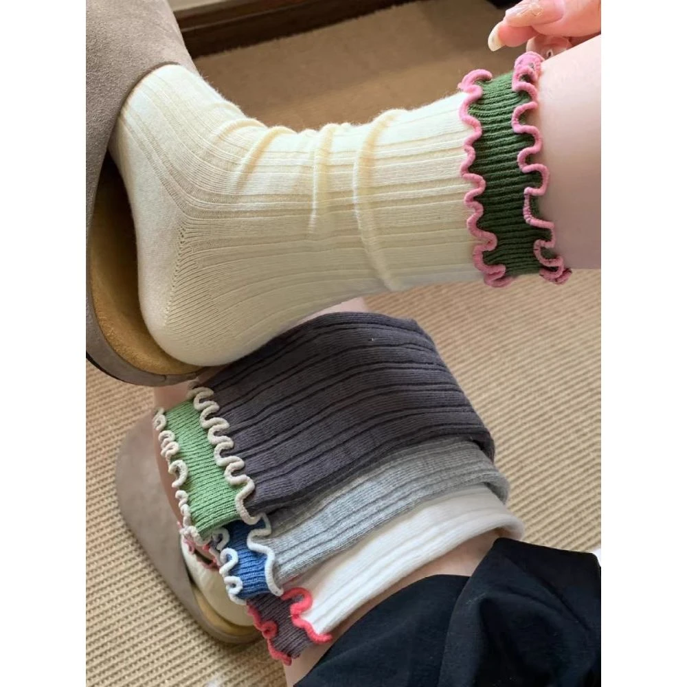 “蛋糕系列”撞色木耳边中筒袜子女ins多巴胺双层花边纯棉堆堆袜