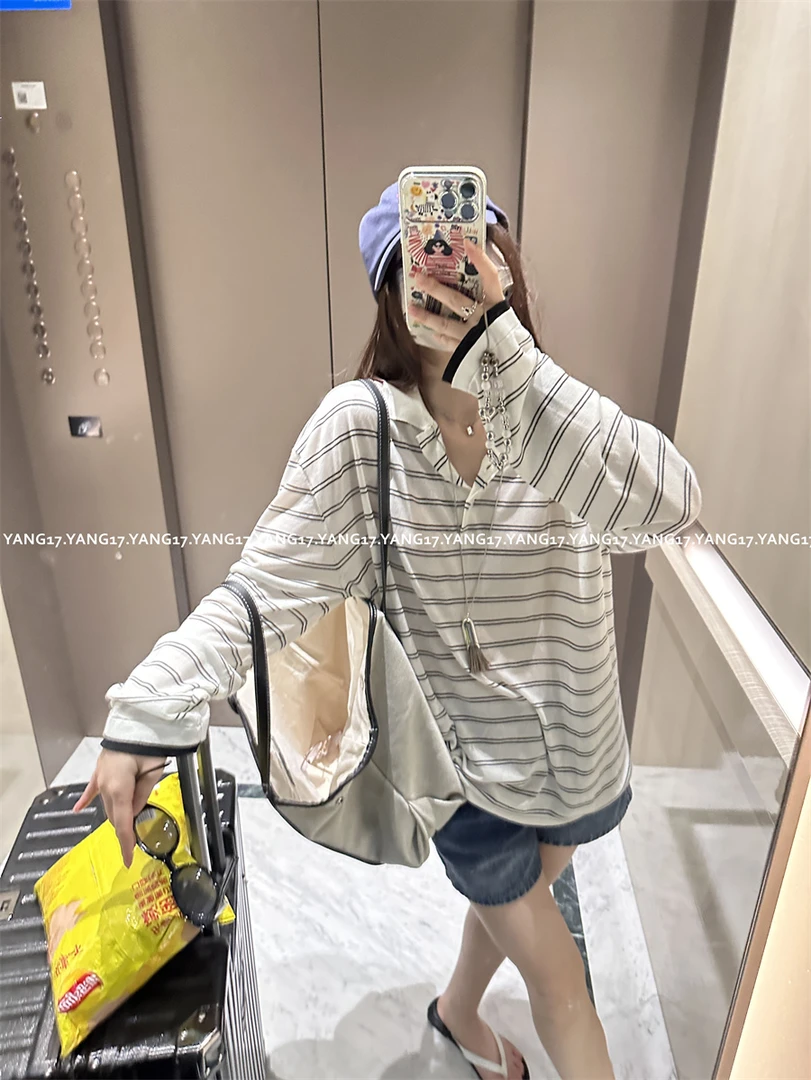 杨十七 亲肤垂坠超细 知识分子复古条纹POLO/圆领廓形T恤