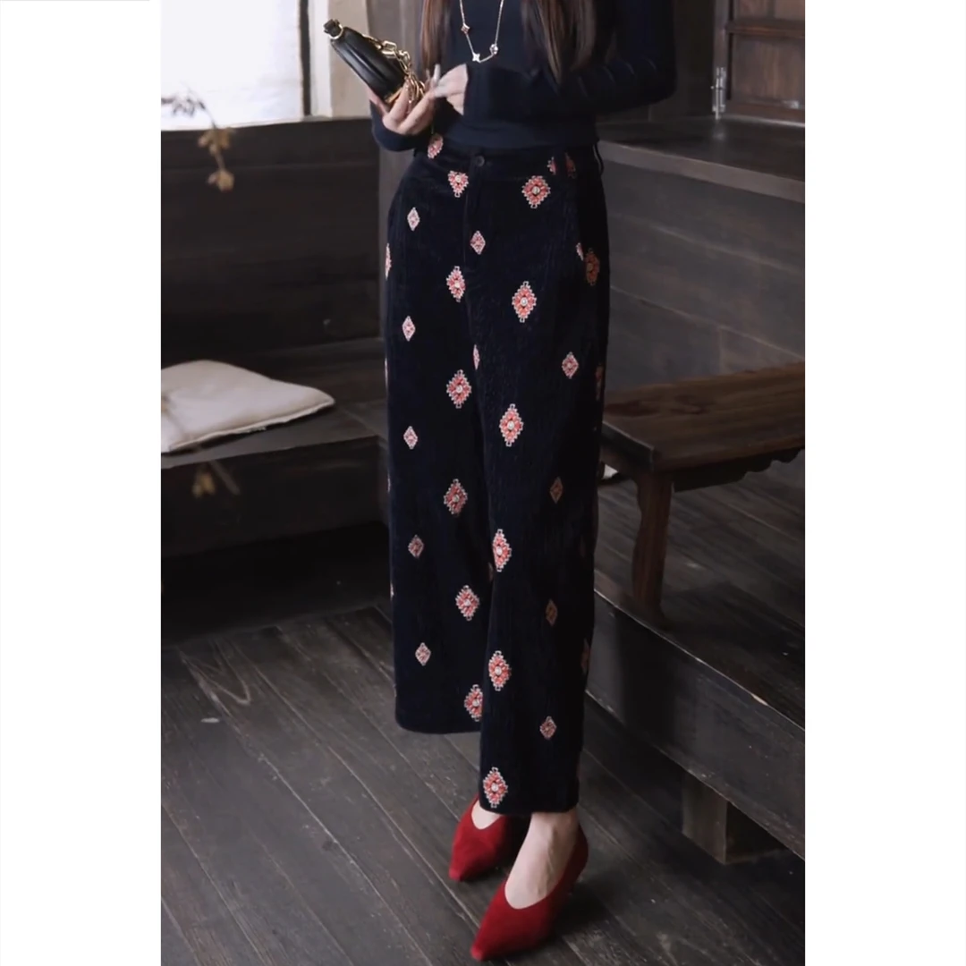 艾塔莉秋季长裤休闲裤新中式女裤小众设计感轻熟风高腰直筒阔腿裤