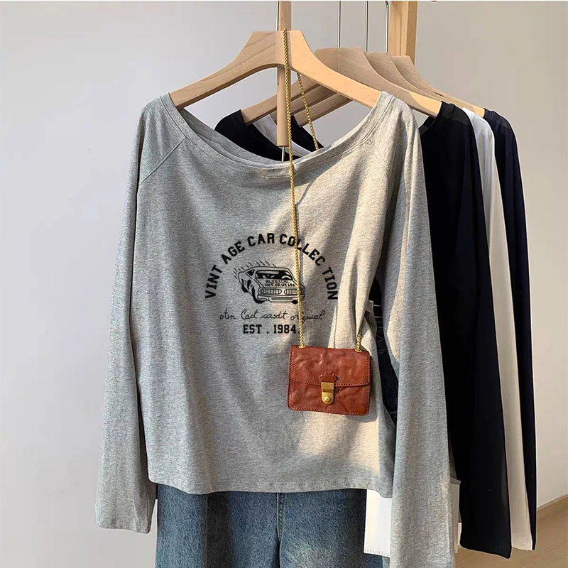 韩系灰色露肩长袖T恤女2025秋季新款减龄时尚百搭显瘦一字肩上衣