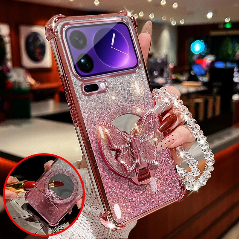 适用于小米17pro手机壳四角防摔保护套镶钻蝴蝶支架镜子网红潮流