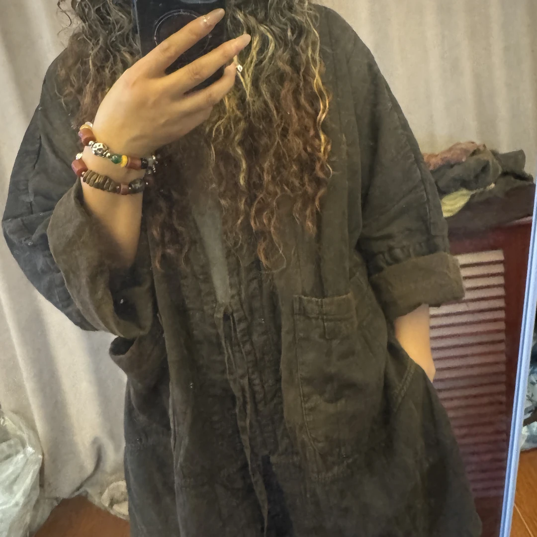 布衣坊推荐亚麻双层中长款系带开衫90/150斤