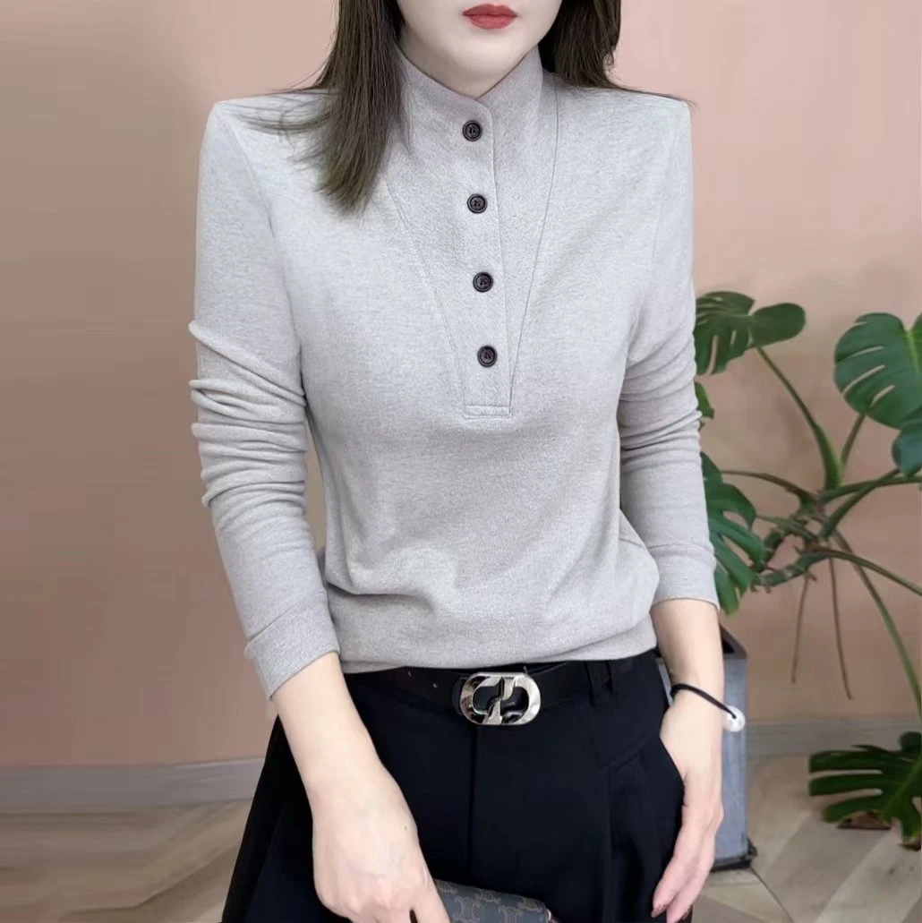 2025冬新品时尚百搭修身显瘦加绒加厚个性纯色打底女士上衣7713