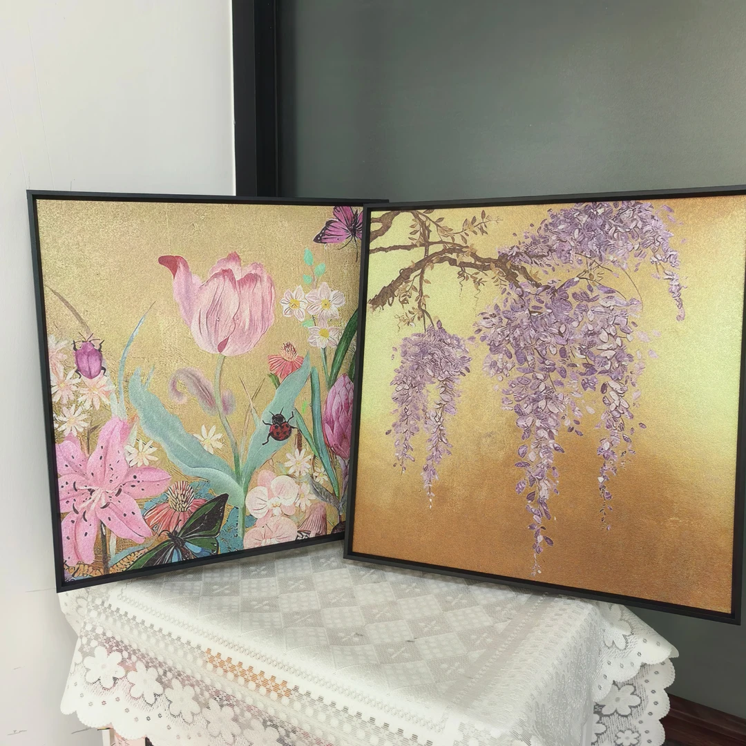 复古小众紫藤花壁挂系列彩色花卉郁金香装饰画感肌理感背景墙挂画