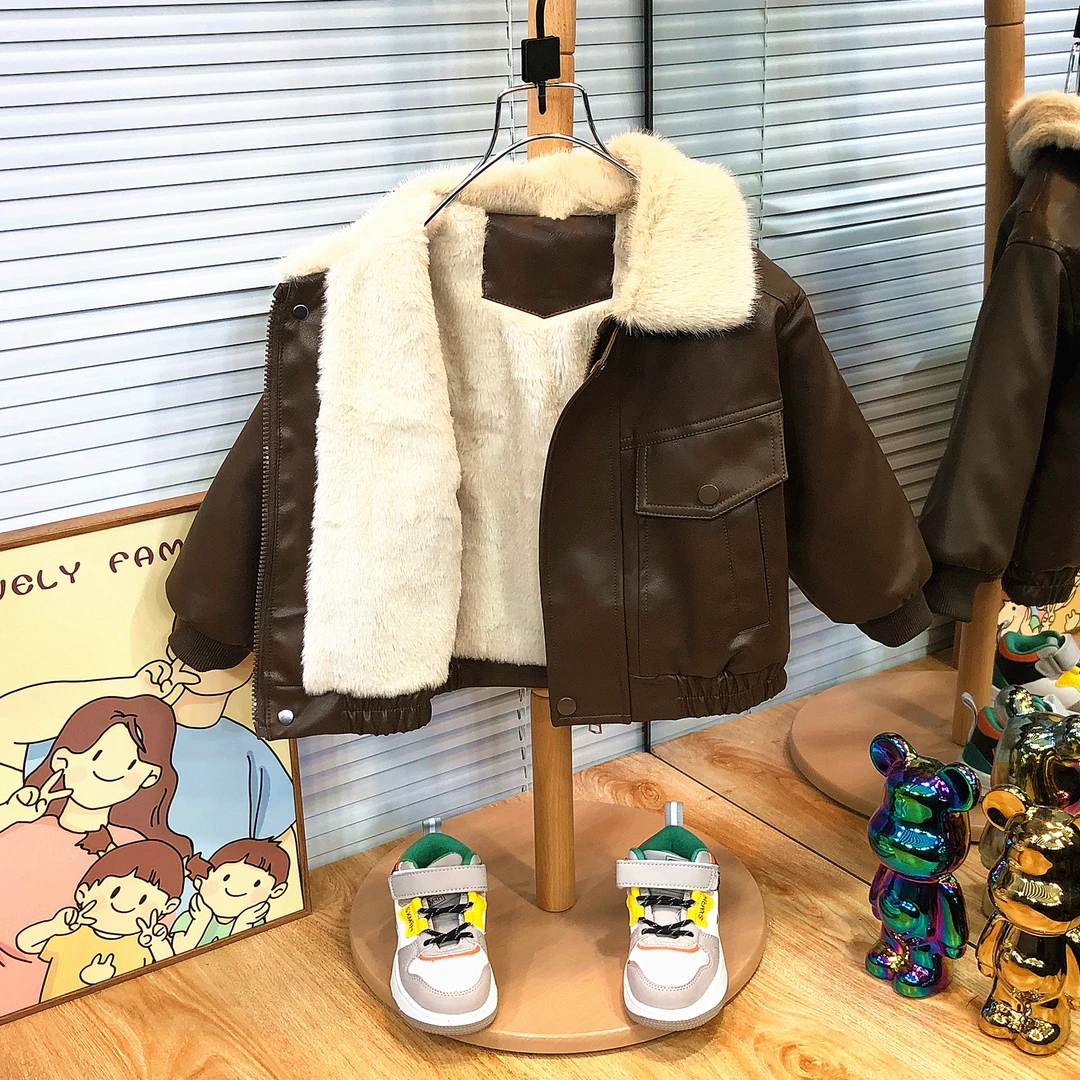 男童皮衣外套加绒加厚秋冬季2025新款酷帅炸街儿童冬装棉袄服夹克