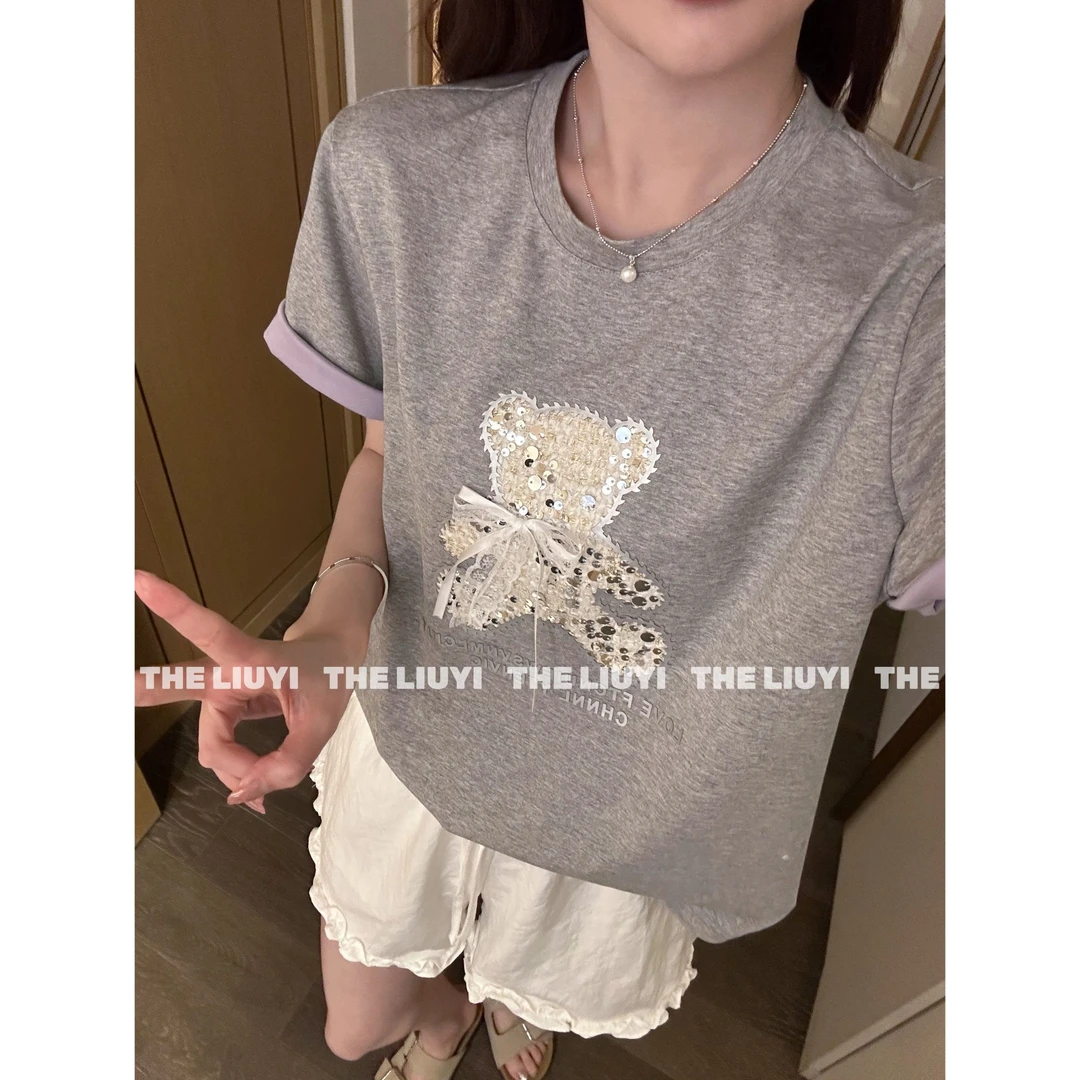 【LIUYI】蝴蝶结小熊~夏季重工撞色珠片绣花小熊T恤550910