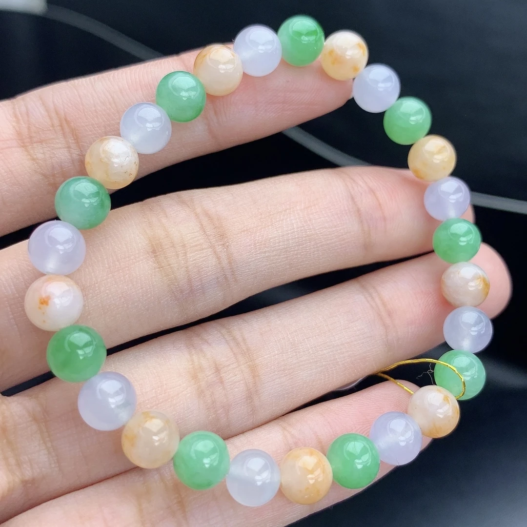 缅甸A货翡翠多宝紫绿黄圆珠手链手串单圈MLT卡6.5mm