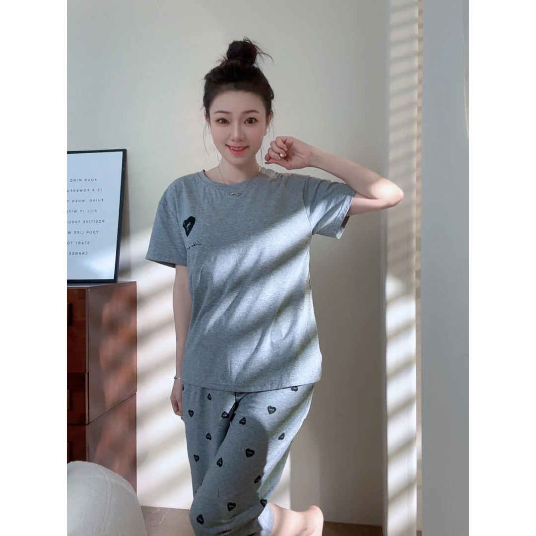 卡之恋春夏季带胸垫纯棉简约高级灰色女士爱心短袖7分裤家居服夏