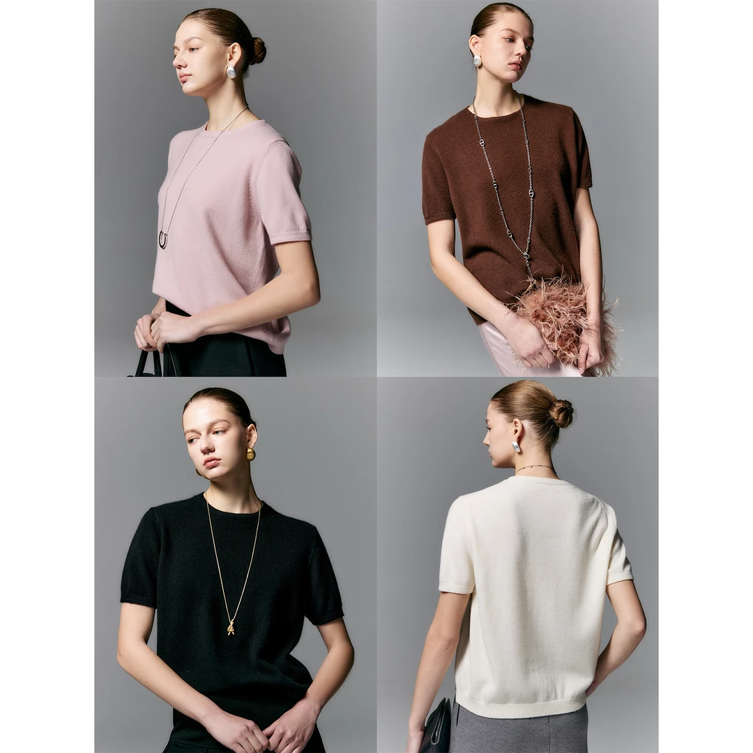 玖着'永恒T'100MORO山羊绒云柔搬针人字纹领LP同款短袖针织上衣