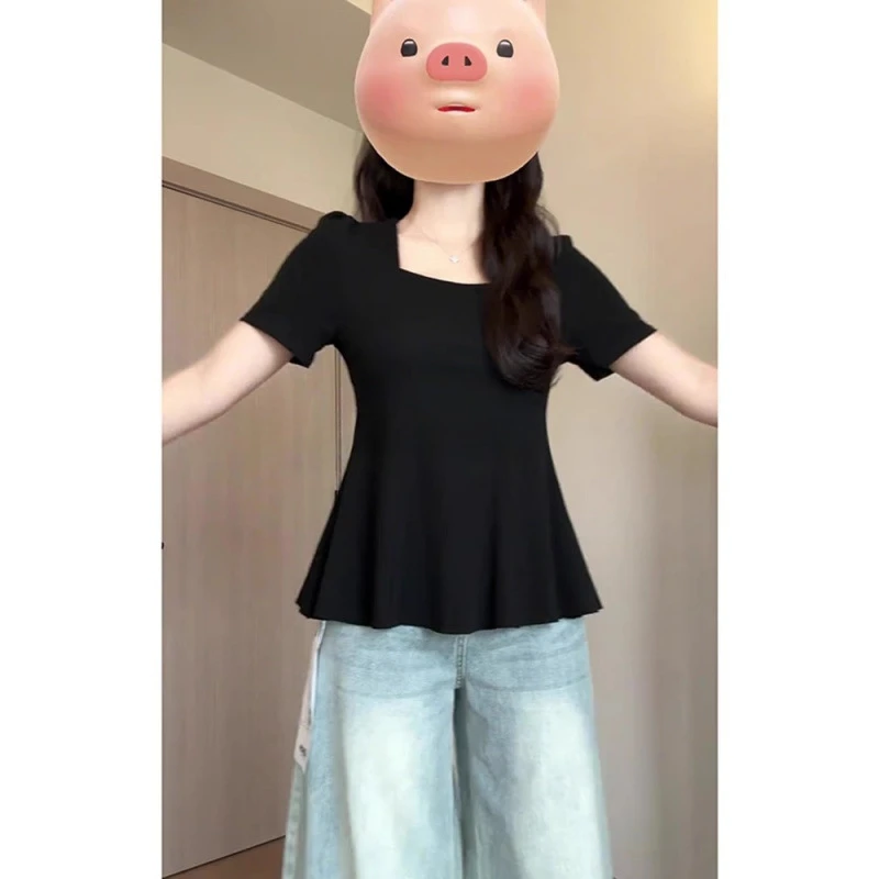 大码时尚显瘦纯欲胖方口领新款夏季休闲收腰荷叶短袖遮肉上衣潮