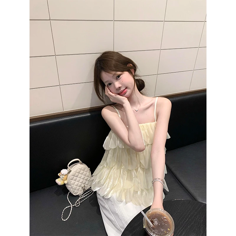 韩系INS风甜美花夏季少女气质设计感吊带背心上衣高腰休闲阔腿裤