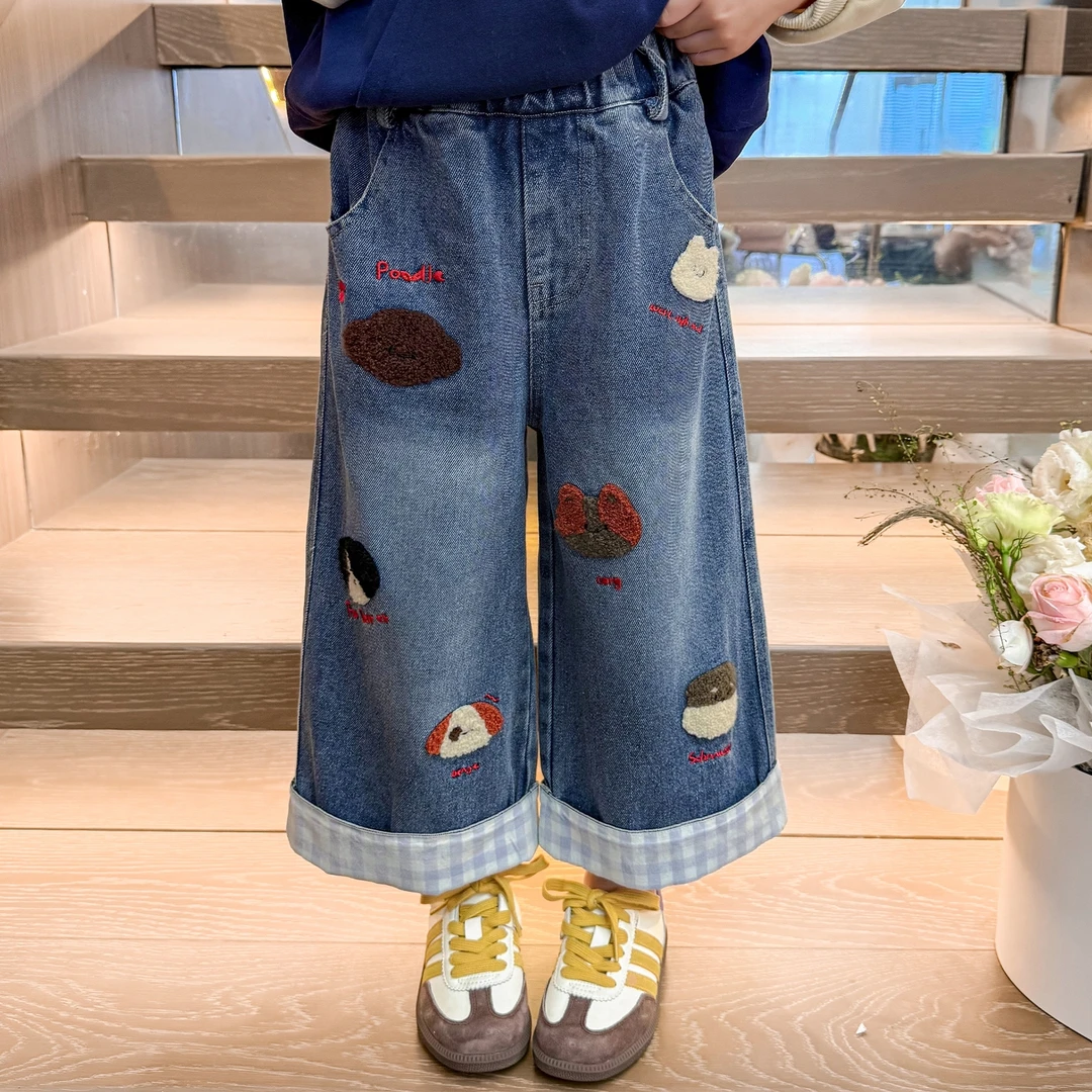 女童绣花阔腿牛仔裤洋气儿童春秋季新款女宝宝宽松休闲裤子小女孩