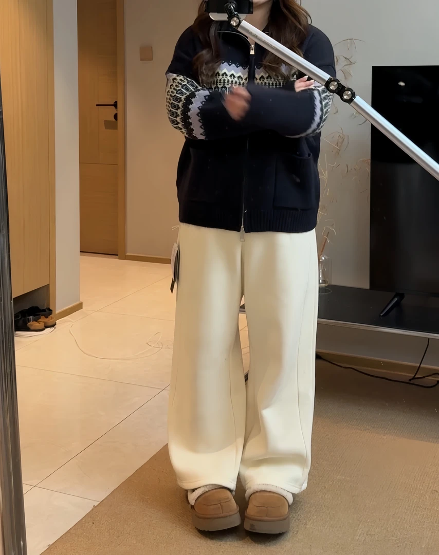 秋冬米白色松紧腰厚款加绒细条纹胖mm直筒裤遮肉显瘦阔腿裤