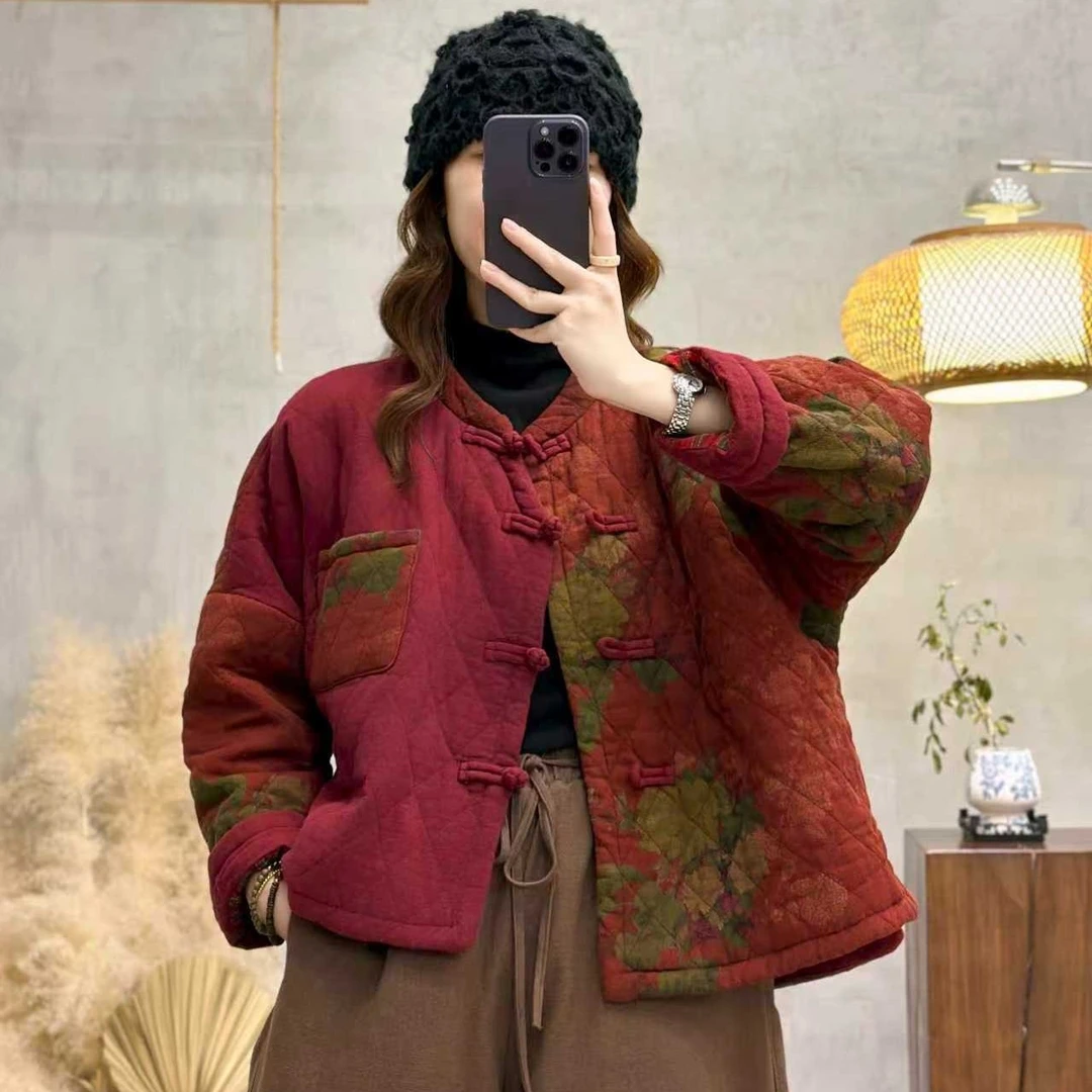 2025冬季新中式立领加厚长袖民族风短款复古印花文艺外套棉服棉袄