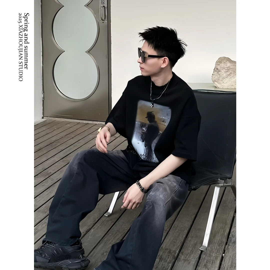 【譚星】25S/S 水墨涂鸦印花 定制重磅400g磨毛全棉落肩结构短袖TEE