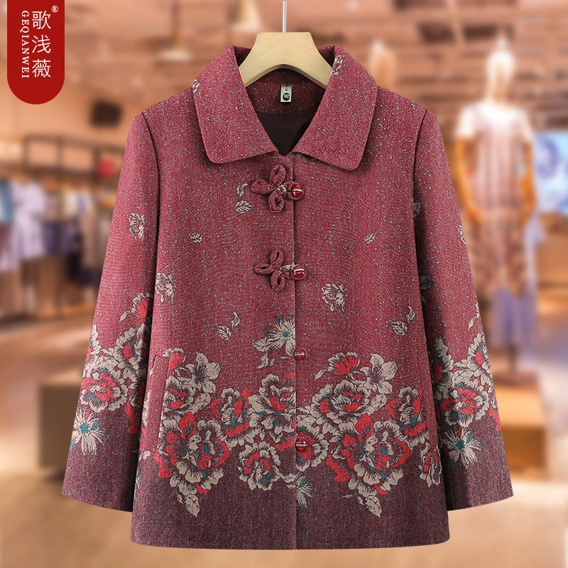 中老年人女装春装2025新款短外套宽松显瘦妈妈装洋气印花翻领上衣